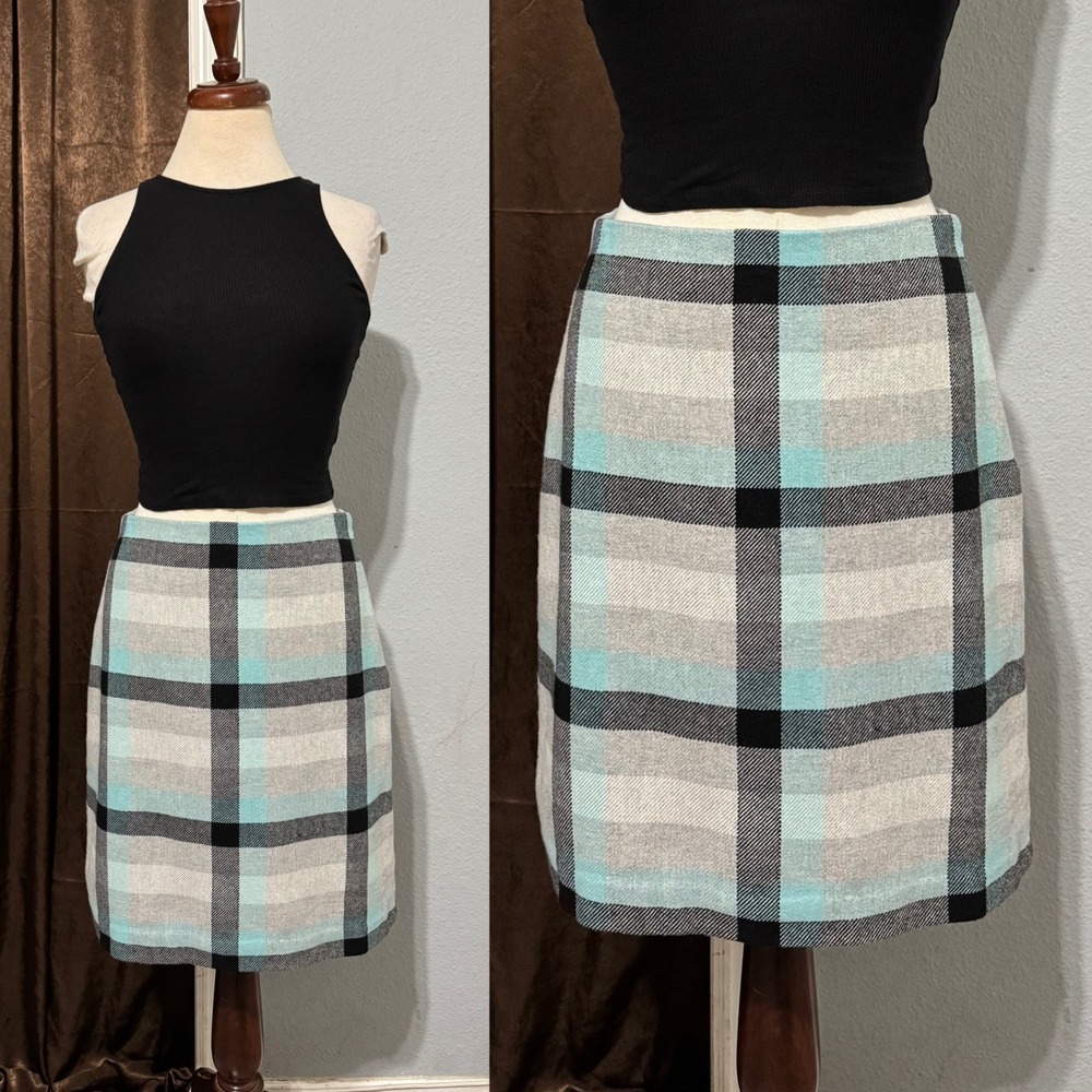 Talbots Wool Blend Skirt Size 4 Plaid‎ Wool Pencil Lined Grey Aqua Dark Academia